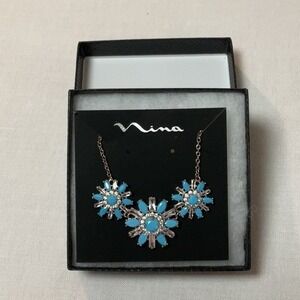 Nina Geo Necklace Floral CZ Faux Turquoise Blue Silver Tone